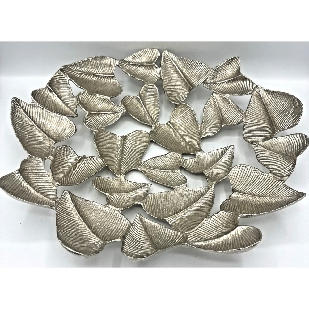 Aluminum Leaf Centerpiece Fruit Bowl 14" Silver Connected Leaves 3 Footed